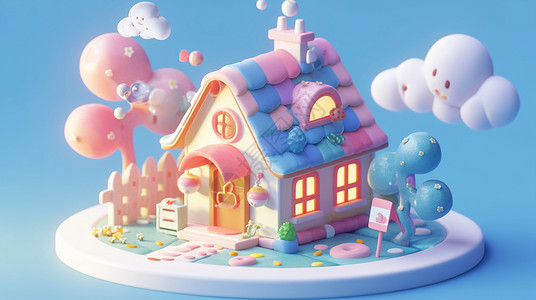 蓝粉色背景蓝色调立体可爱的卡通小房子插画