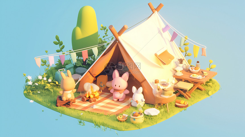 一个可爱的卡通露营帐篷在森林中图片