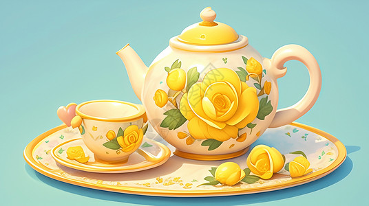 立体黄色花朵主题卡通茶具背景图片