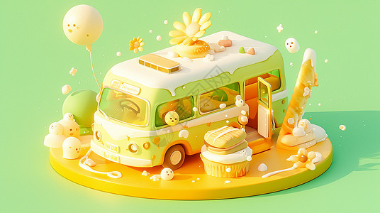 黄色蛋糕盘子中立体可爱的卡通露营车插画