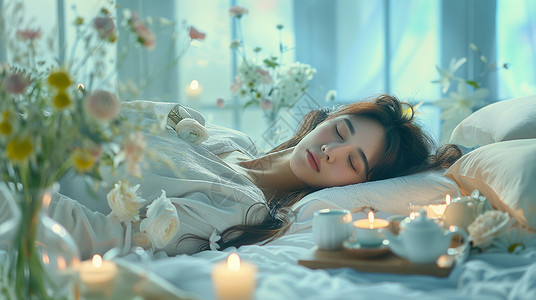 女性汗蒸躺在床上休息的女人插画