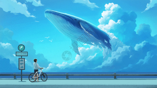 折叠自行车蔚蓝天海间的少年的鲸鱼GIF高清图片
