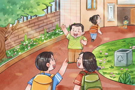 学生书包促销手绘水彩开学季陆陆续续上学的学生插画插画