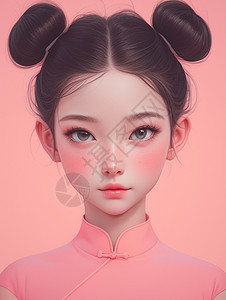 穿着粉色旗袍扎丸子头的女人插画