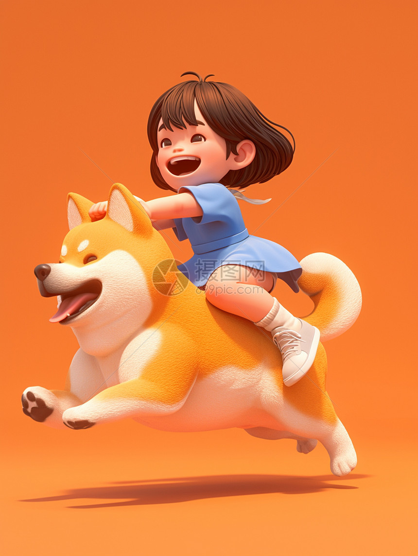骑着大黄狗开心奔跑的小女孩图片