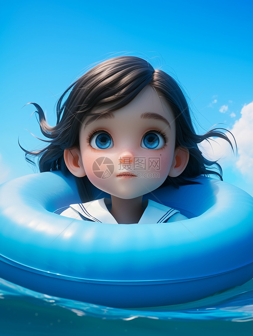 蓝天下在蓝色游泳圈里可爱的卡通小女孩图片