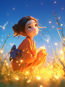 草丛中的萤火虫古风装扮卡通女孩蹲在夜晚的草丛中看着发光的飞虫插画