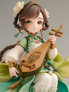 弹琵琶的女孩灰色背景穿绿色汉服弹琵琶的古装漂亮卡通女孩插画