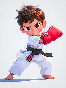 红色立体五星白色背景戴着红色拳套练拳击的卡通小男孩插画