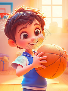 篮球场开心抱着篮球的男孩高清图片