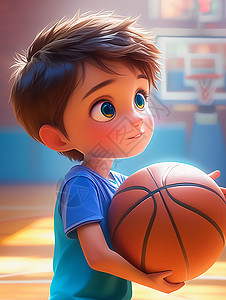 在篮球场开心抱着篮球的小男孩高清图片