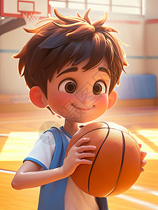 开心抱着篮球的卡通小男孩背景图片
