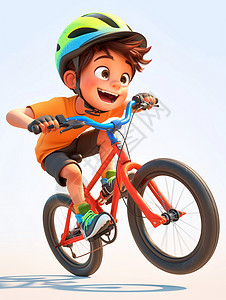 骑自行车男孩白色背景戴着蓝色头盔开心骑自行车的卡通小男孩插画