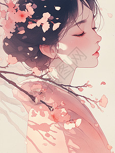 熟睡的美女古风服装在粉色桃花树下的女人插画
