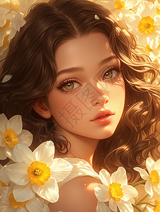 在白色花丛中梦幻漂亮的小女孩背景图片