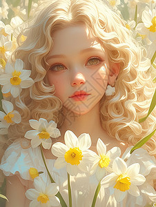 漂亮花丛在白色花丛中梦幻漂亮的卷发女孩插画