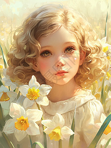 在白色背景上在花丛中梦幻漂亮的卷发女孩插画