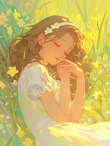 黄色花丛中梦幻漂亮的小清新卡通女孩高清图片