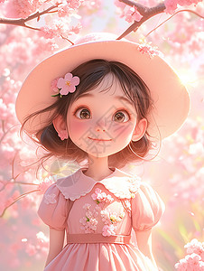 戴着粉色花朵帽子面带微笑的可爱小女孩插画