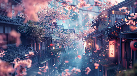 春天开满粉色花朵的古街背景图片