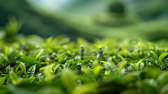 美丽春天嫩绿色茶园中一群忙碌的农民微缩场景背景图片