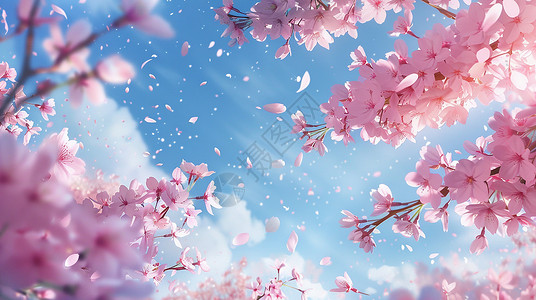 春天粉色粉色花朵花瓣漫天飞舞唯美风景插画