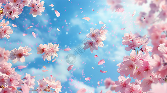 树上满粉色花朵花瓣漫天飞舞唯美风景背景图片