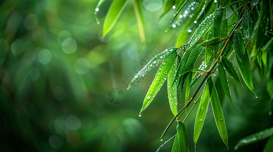 发芽竹子春天雨中绿色调竹林风景插画