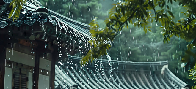 下雨房子春天大雨中古风建筑插画