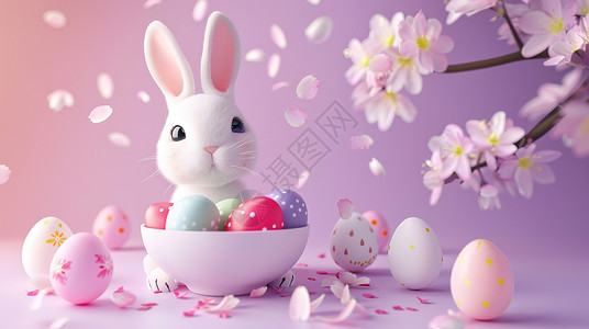 彩色碗复活节在装满彩色蛋碗旁可爱的兔子插画