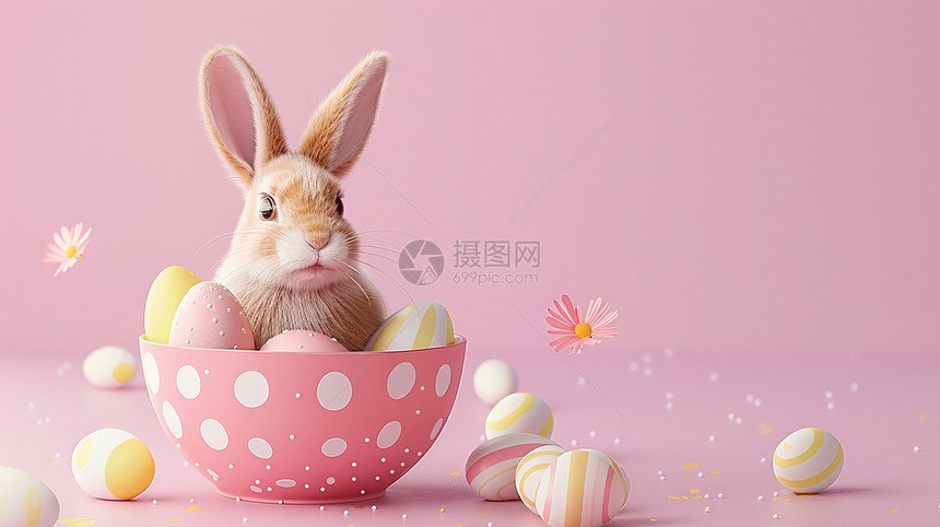 在碗中可爱的卡通复活节兔子与彩色蛋图片