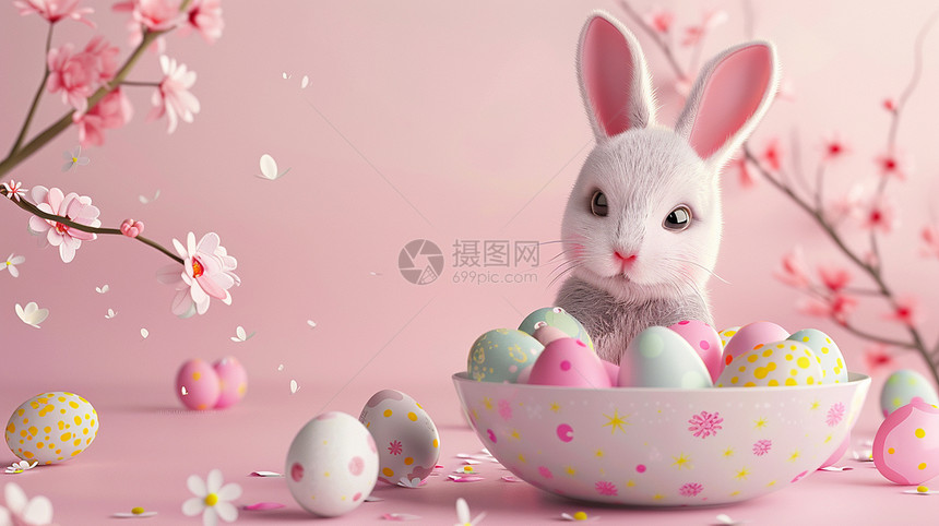 在碗中一只可爱的卡通复活节兔子与彩蛋图片