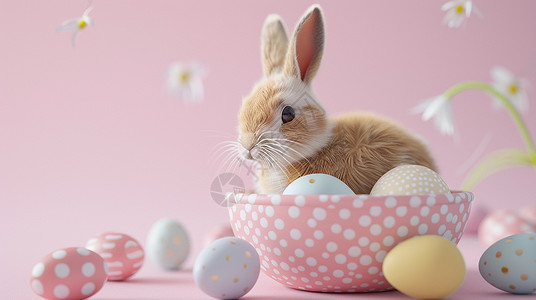 在碗中可爱的卡通复活节兔子与彩色蛋背景图片