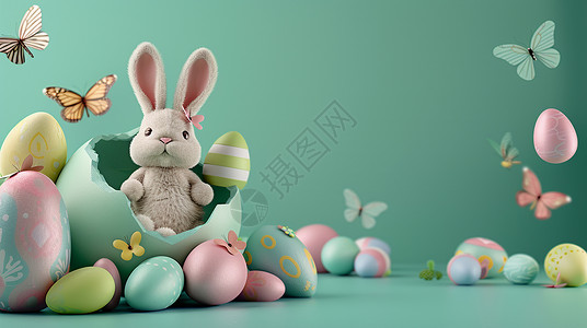 绿色背景调复活节可爱的卡通兔子与彩蛋背景图片