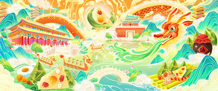 国潮风节日端午节粽子赛龙舟中国龙古建筑插画背景图片