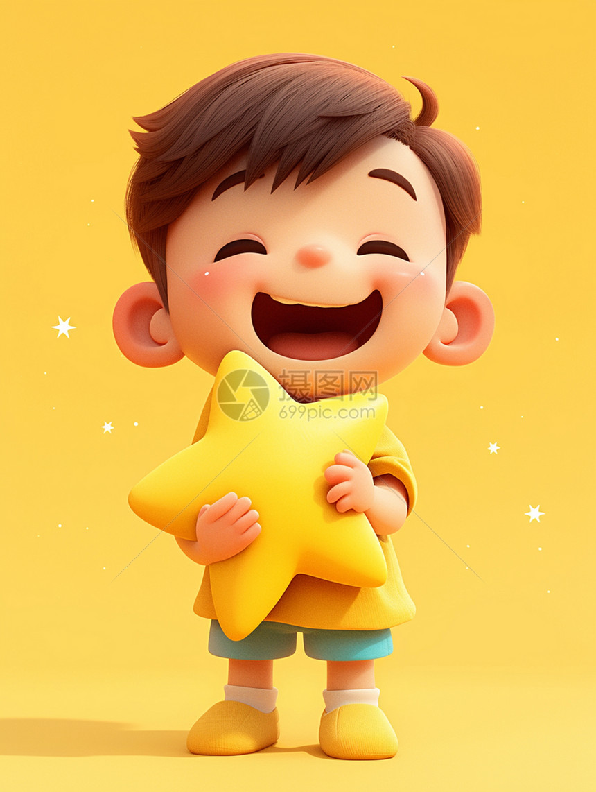 怀抱着黄色大星星开心笑的男孩图片