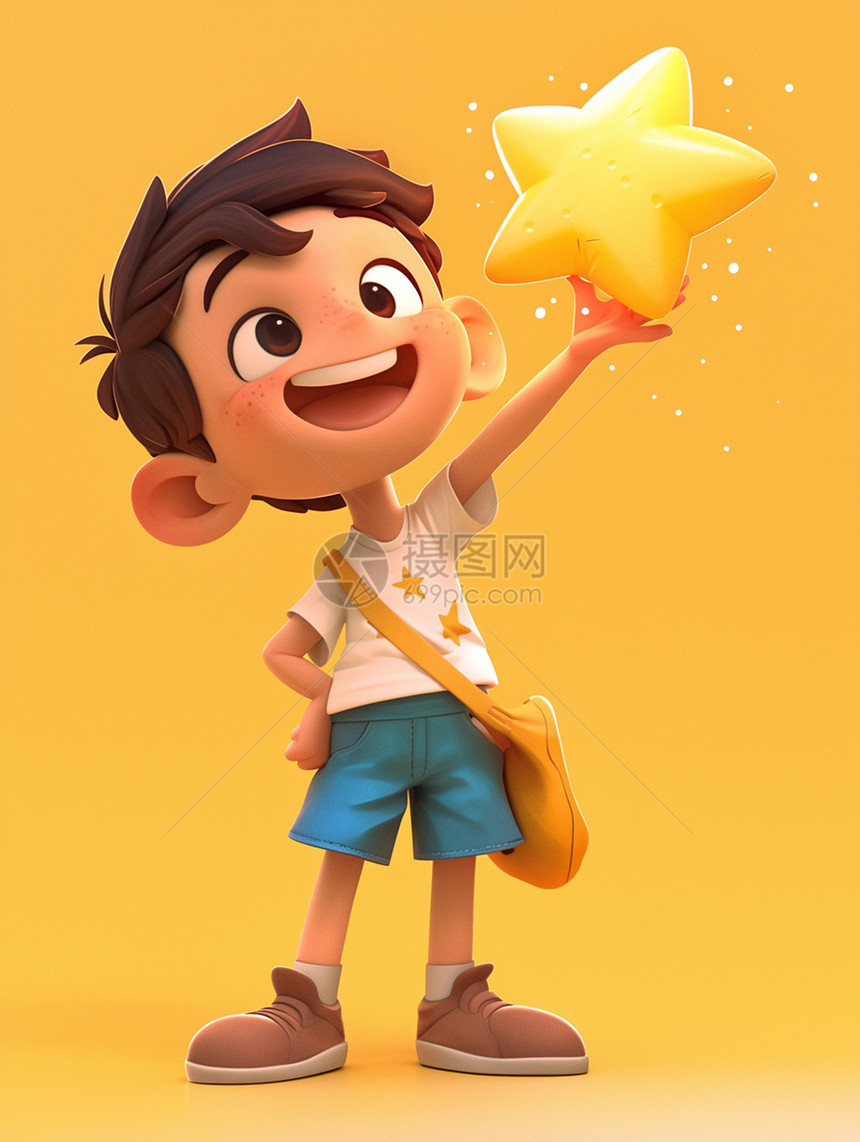 怀抱着黄色大星星开心笑的可爱卡通小男孩图片