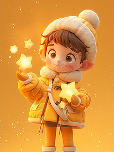 黄色外套穿着黄色厚外套的手拿着星星的卡通小男孩插画