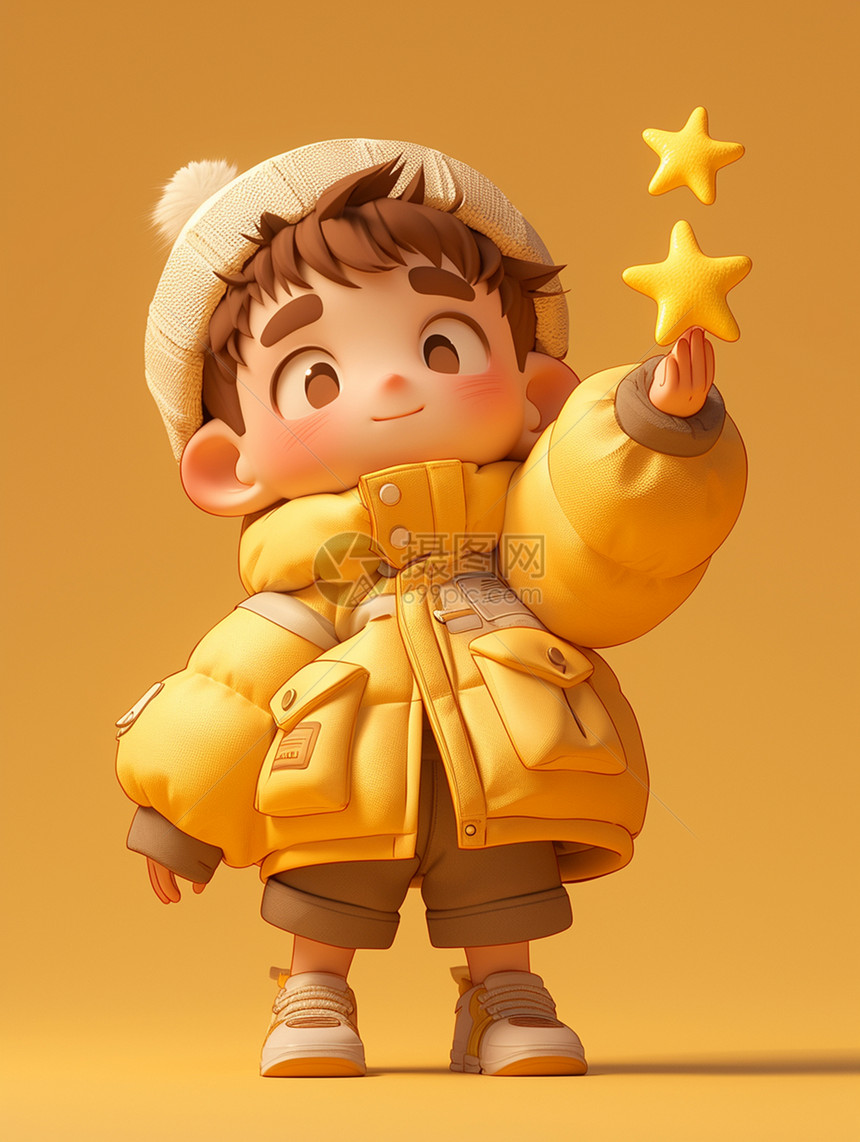 穿着黄色厚外套的手拿着星星的可爱小男孩图片