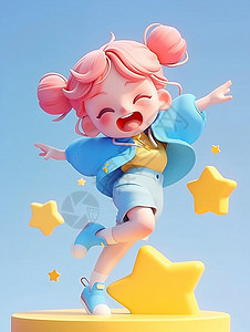 3D头发在星星舞台上开心跳舞的粉色头发卡通小女孩插画