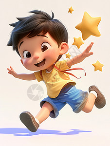 穿着黄色T恤背着书包开心可爱的卡通小男孩高清图片