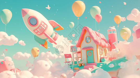 卡通马卡龙在梦幻云朵上空一座小房子旁一个大大的彩色火箭插画