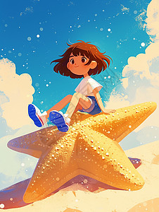 黄色的海星穿着T恤坐在大大的黄色星星上可爱的卡通小女孩插画