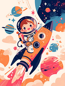 穿着太空服可爱的卡通人物骑着火箭背景图片