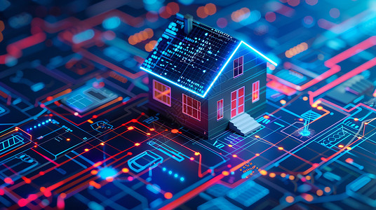 5G智能芯片科幻智能发光的可爱小房子插画