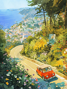 汽车海海边上一条小小的山路插画