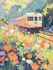 春天在开满花朵的户外行驶的卡通列车背景图片