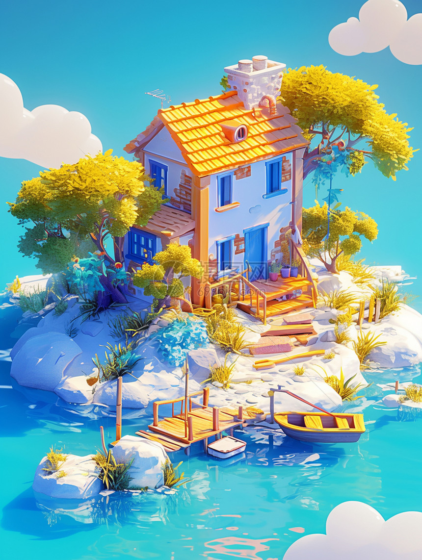 小岛上一座立体小房子图片