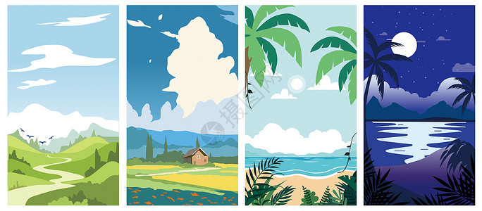 夏天海滩椰子树唯美夏季小清新壁纸插画