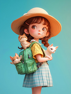 戴着大大的帽子背着书包的立体可爱小女孩背景图片